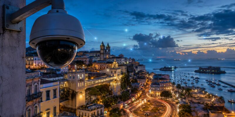 Câmera de videomonitoramento com vista de Salvador ao anoitecer