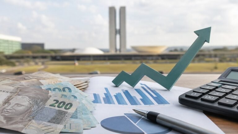 Cédulas de real, calculadora e gráfico sobre o salário mínimo de 2027