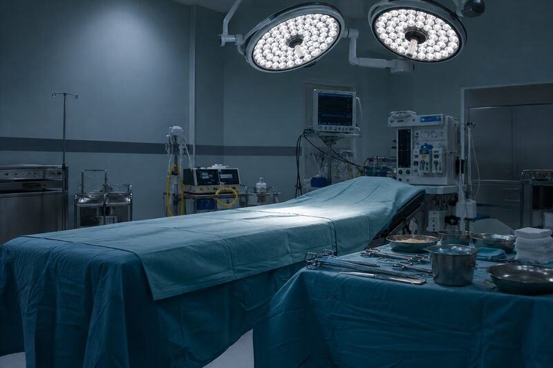 Sala cirúrgica vazia simboliza investigação de morte após procedimento estético