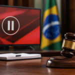 Martelo judicial diante de tela de propaganda eleitoral suspensa