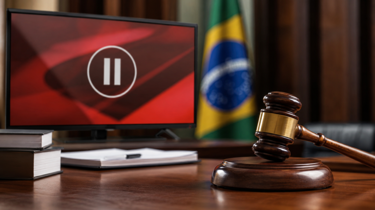 Martelo judicial diante de tela de propaganda eleitoral suspensa
