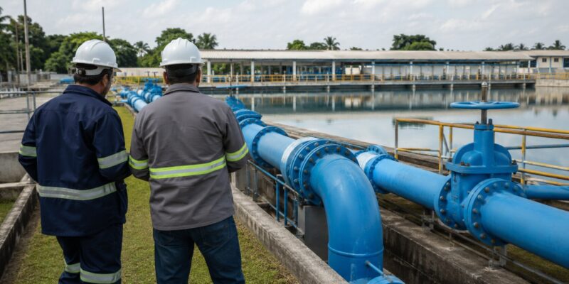 Técnicos inspecionam tubulação em estação de tratamento de água