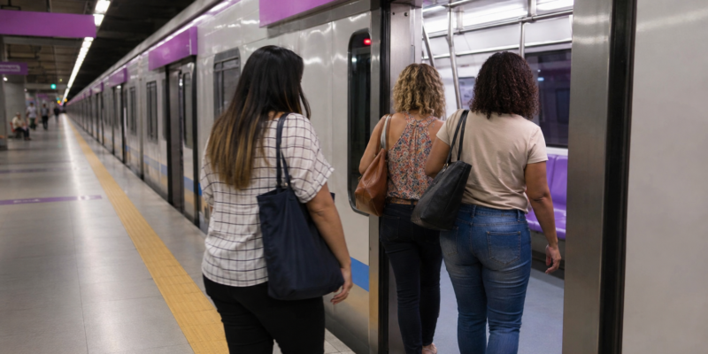 Mulheres embarcam em vagão preferencial do metrô durante a campanha Agosto Lilás