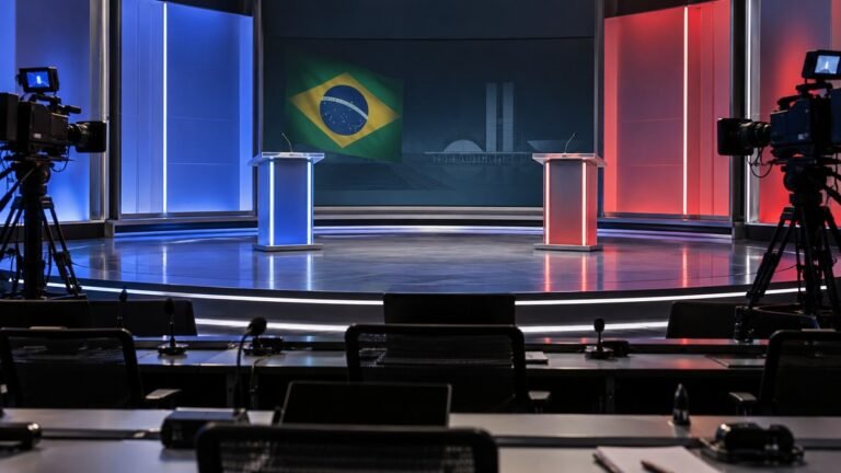Estúdio preparado para debate presidencial com púlpitos vazios