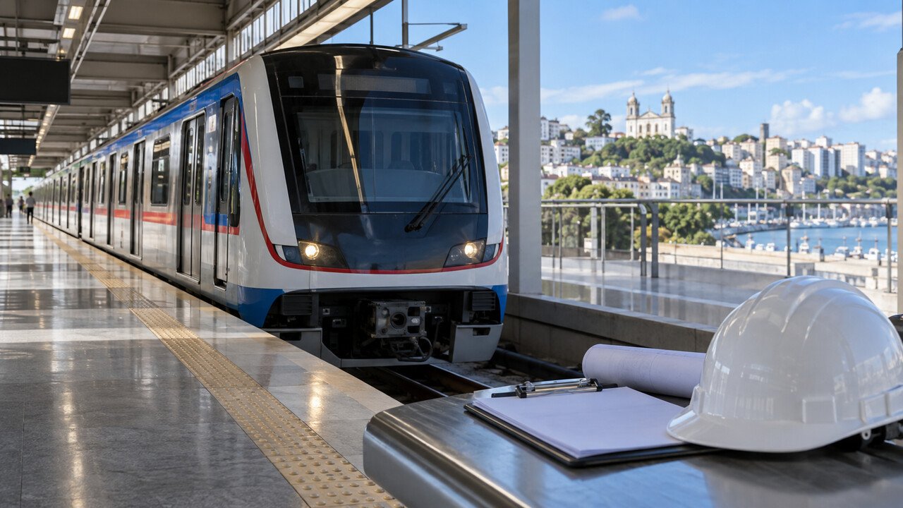Trem moderno do Metrô Bahia em estação, com capacete e prancheta de trabalho
