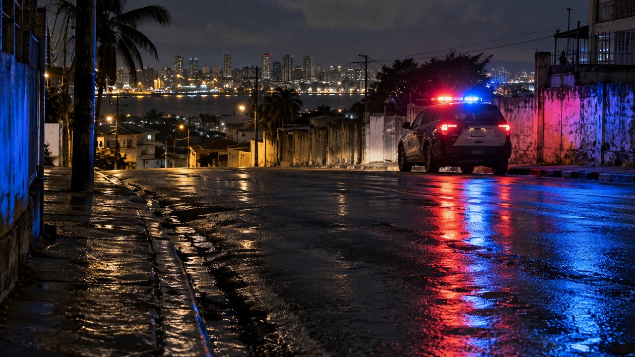Viatura policial com luzes de emergência em rua da Região Metropolitana de Salvador