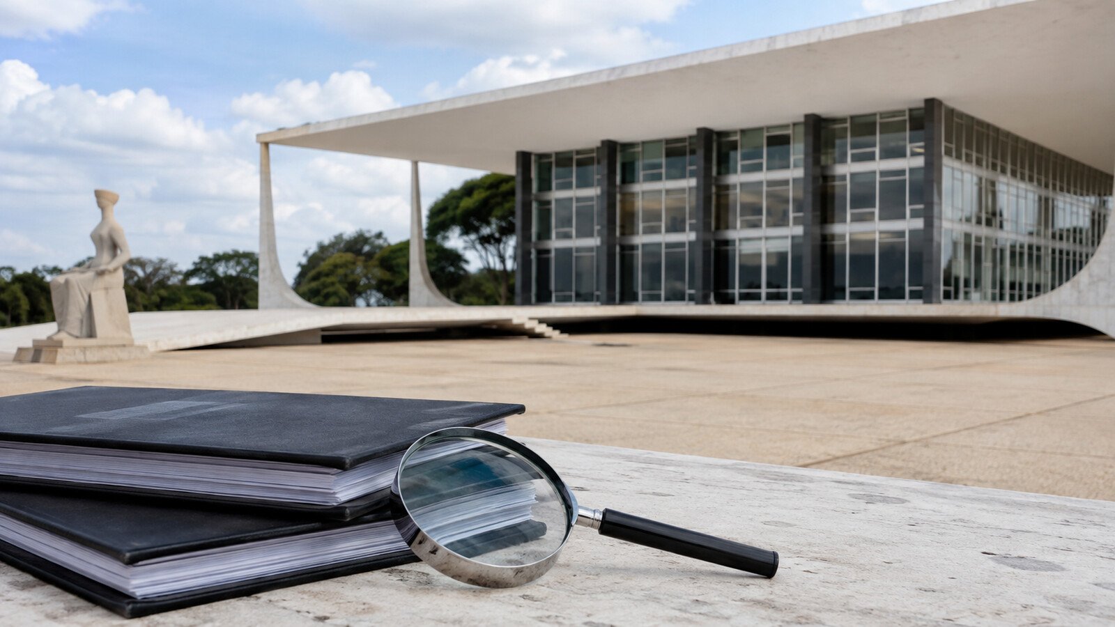 Fachada do STF e documentos simbolizam relatório da Polícia Federal