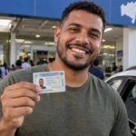 Carteira de habilitação e veículo em ação do programa CNH da Gente