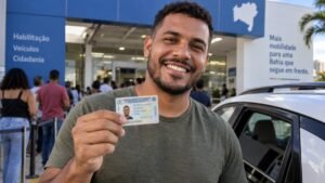 Carteira de habilitação e veículo em ação do programa CNH da Gente