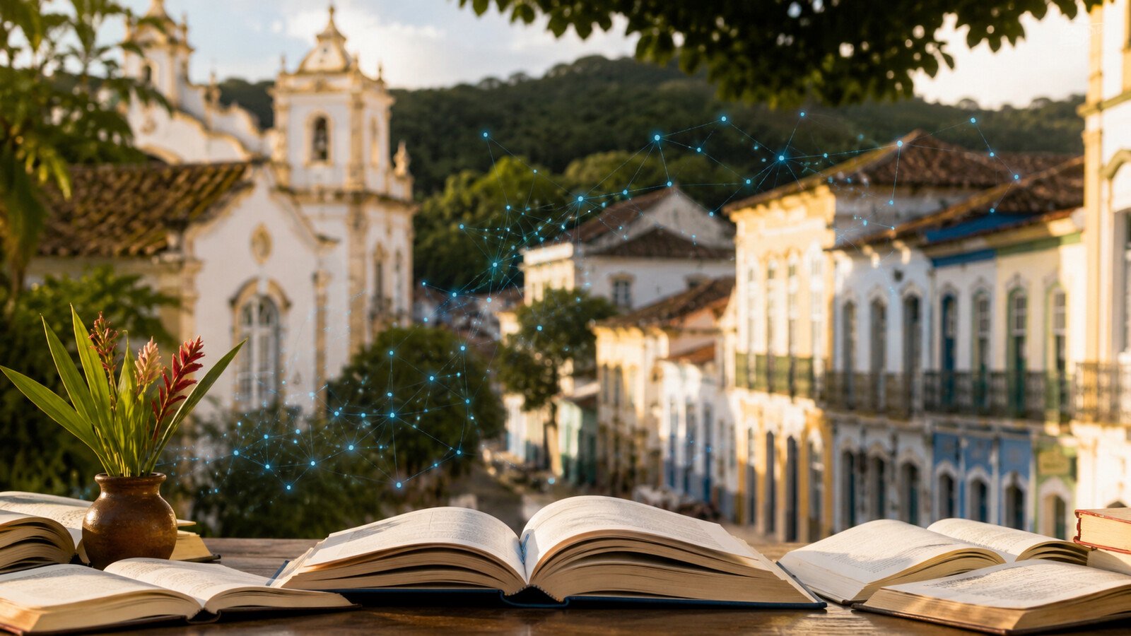 Livros e referências à inteligência artificial em cenário histórico de Cachoeira