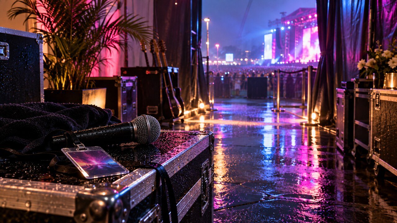 Bastidores de festival musical após apresentação sob chuva
