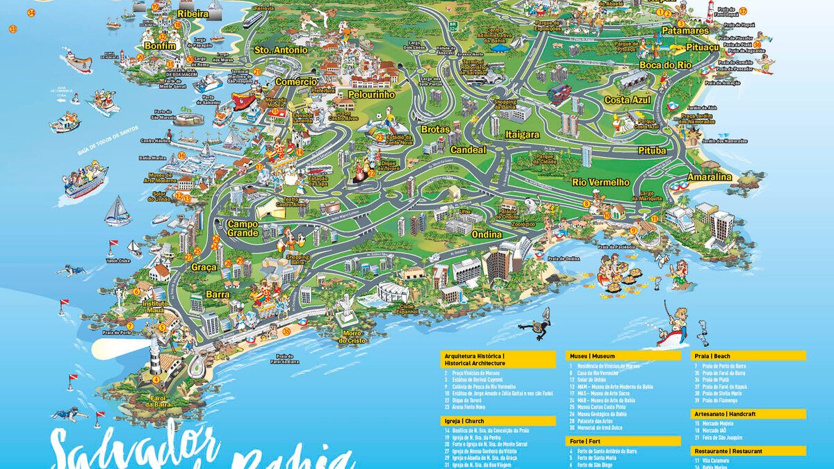 Mapa turístico de Salvador com pontos de interesse da cidade