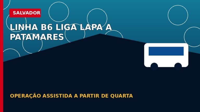 BRT Lapa Patamares: nova linha B6 começa a operar nesta quarta em Salvador; veja o itinerário<span style='display:block;font-size:0.55em;font-weight:400;line-height:1.35;color:#555;margin-top:10px'>Operação assistida vai das 9h às 16h, com intervalo médio de 10 minutos, e conecta o Centro à orla de Pituaçu e Patamares.</span>
