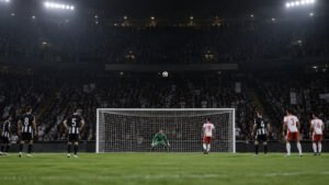 Bola passa acima do gol após cobrança de pênalti em estádio