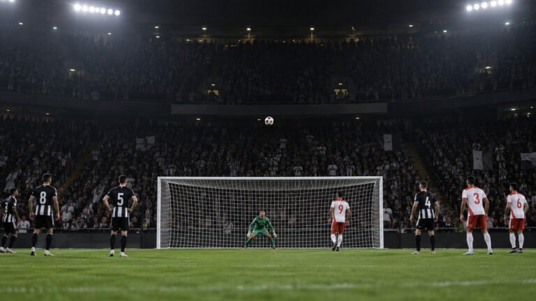 Bola passa acima do gol após cobrança de pênalti em estádio