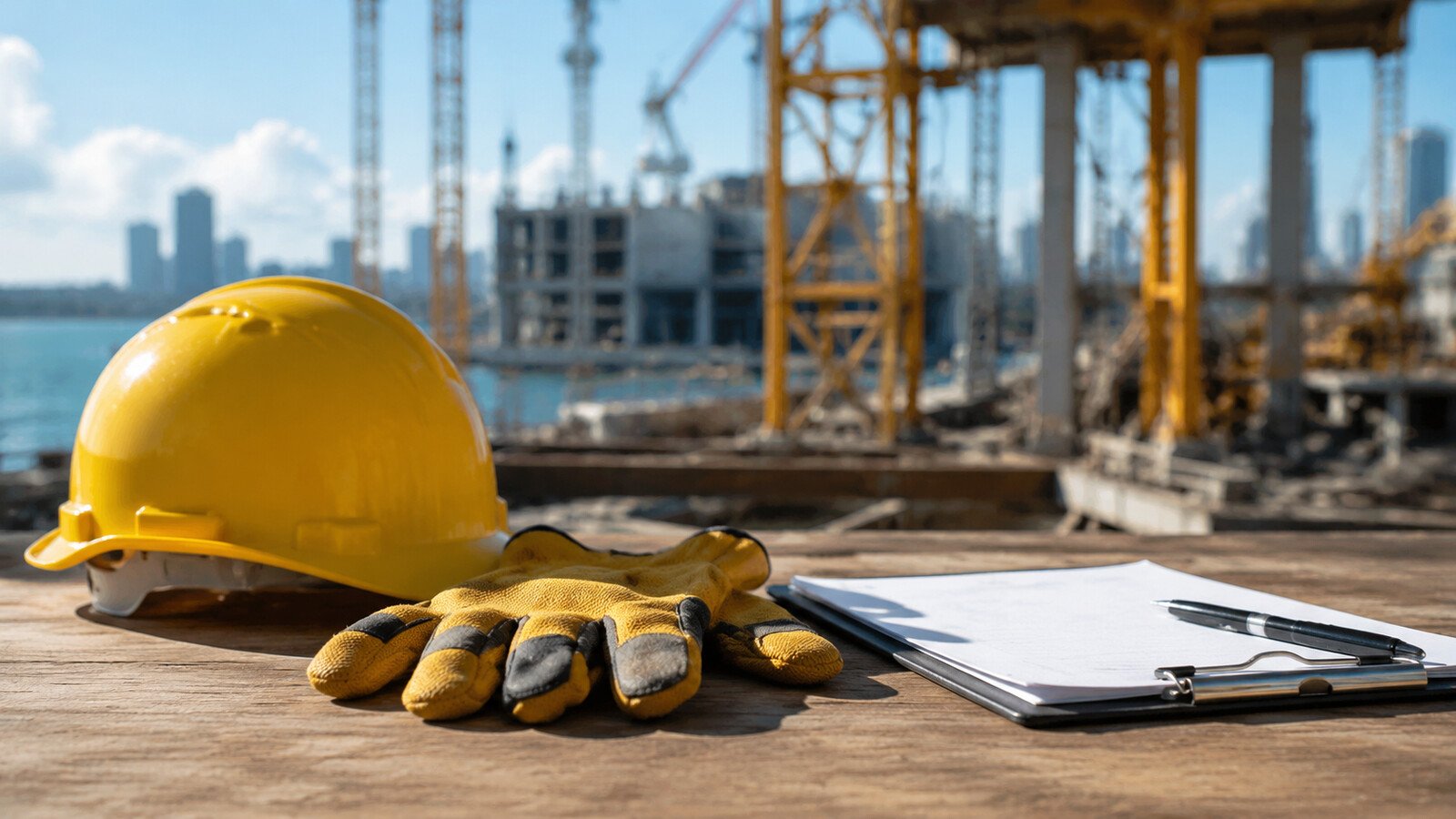 Capacete e equipamentos usados em fiscalização de segurança do trabalho