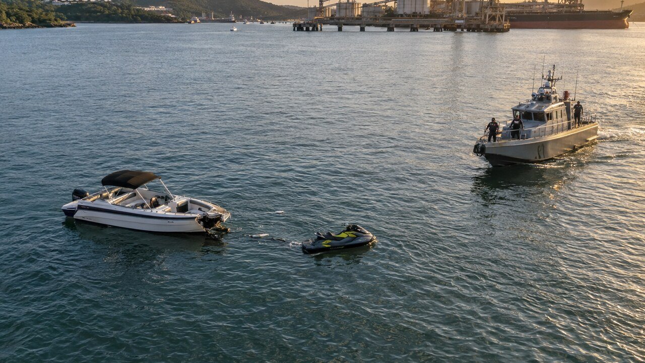 Lancha, moto aquática e embarcação de fiscalização na Baía de Aratu