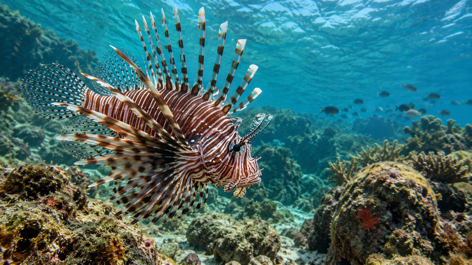 Peixe-leão fotografado em ambiente marinho próximo ao Porto da Barra