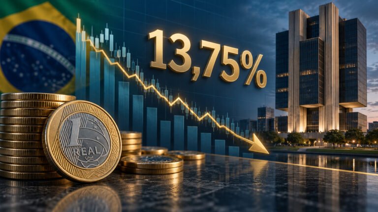 Gráfico de queda da taxa Selic para 13,75% ao ano diante do Banco Central