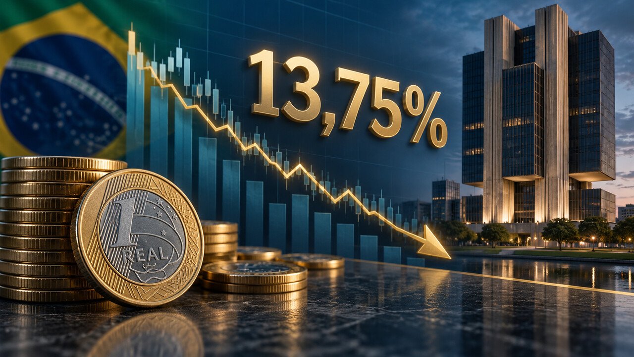 Gráfico de queda da taxa Selic para 13,75% ao ano diante do Banco Central