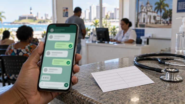 Consultas pelo WhatsApp em Salvador: Secretaria da Saúde passa a confirmar agendamentos pelo aplicativo<span style='display:block;font-size:0.55em;font-weight:400;line-height:1.35;color:#555;margin-top:10px'>Pacientes agendados pelo Sistema Vida+ recebem lembrete e pedido de confirmação; vaga não confirmada volta para o sistema.</span>