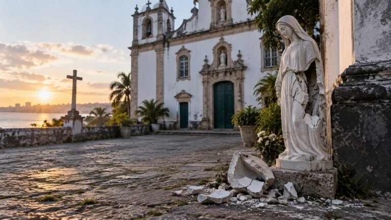 Imagem de Nossa Senhora das Graças danificada no adro de uma igreja
