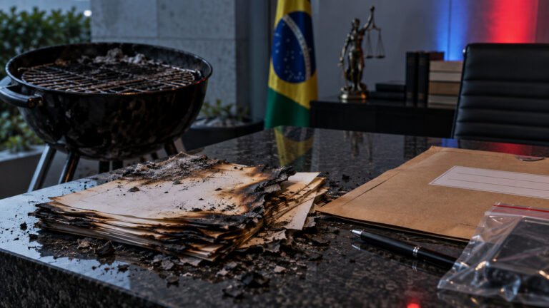 Documentos parcialmente queimados recolhidos durante investigação da Polícia Federal