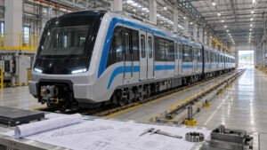 Novo trem de metrô em pátio industrial com projetos de engenharia