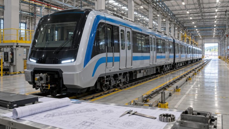 Novo trem de metrô em pátio industrial com projetos de engenharia
