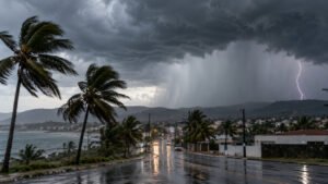 Tempestade com chuva forte e raios no sul da Bahia