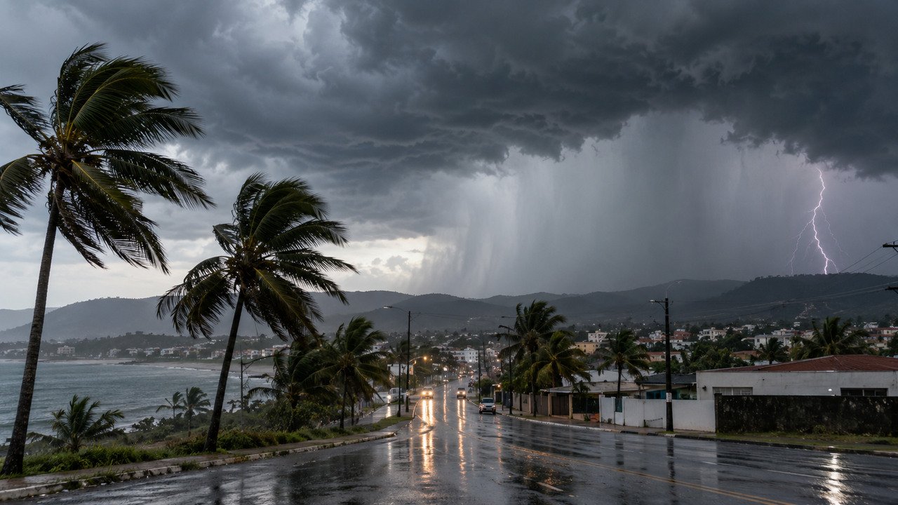 Tempestade com chuva forte e raios no sul da Bahia