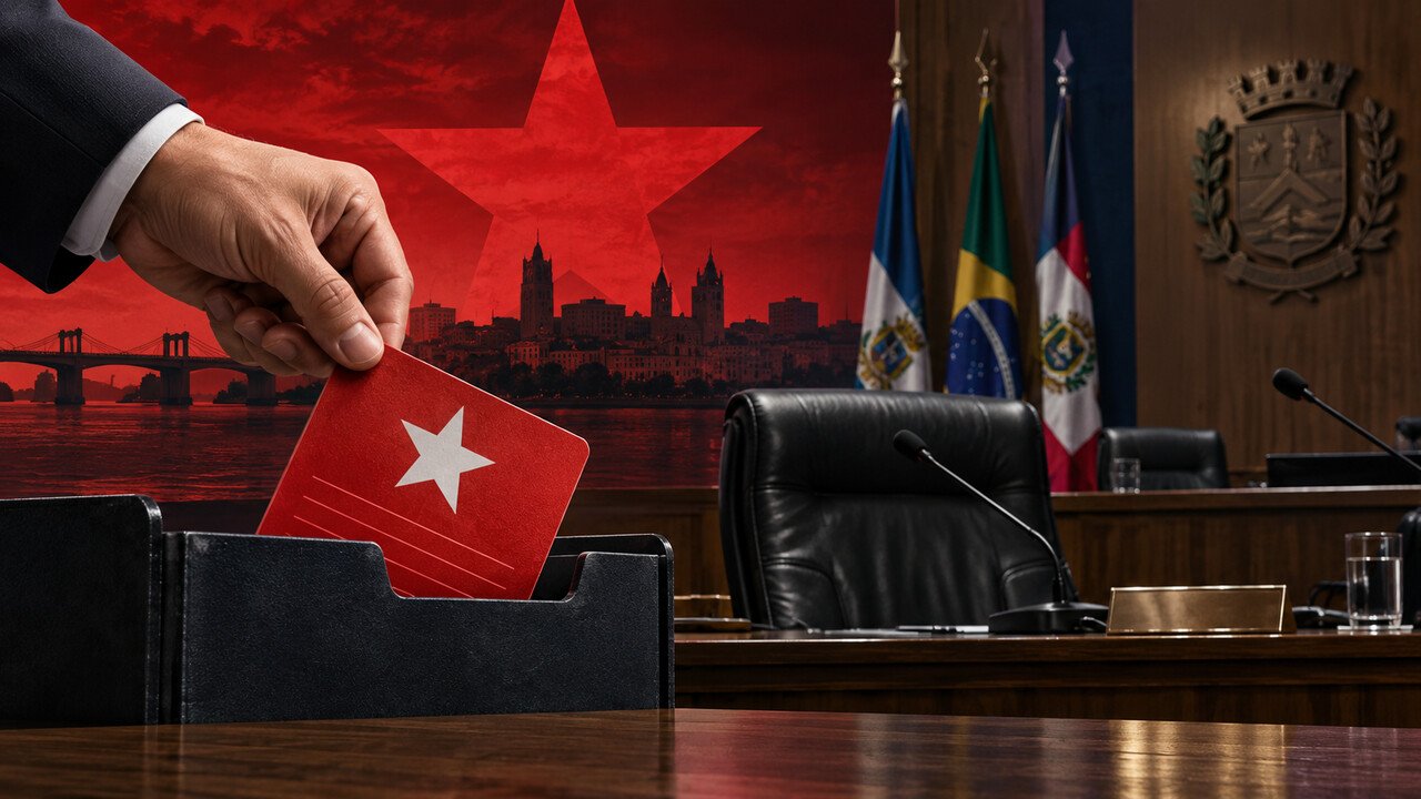 Cartão partidário vermelho sendo retirado de plenário municipal