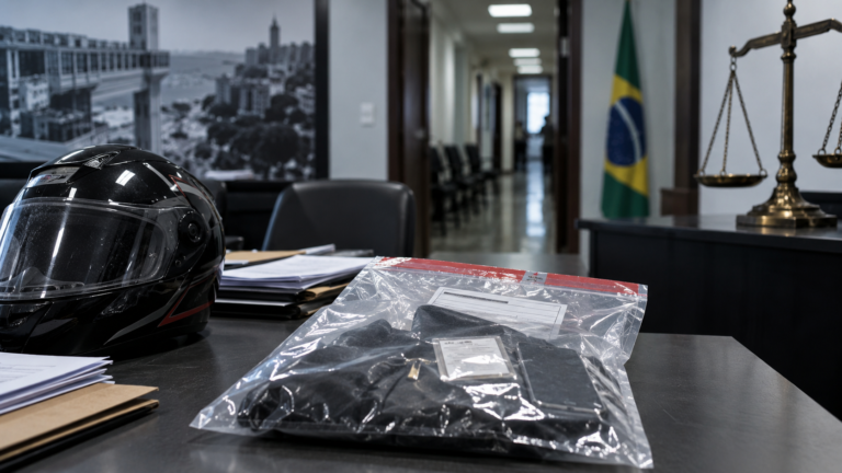 Capacete e evidências de investigação em ambiente judicial de Salvador