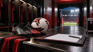 Bola, chuteiras e contrato em vestiário de futebol nas cores rubro-negras