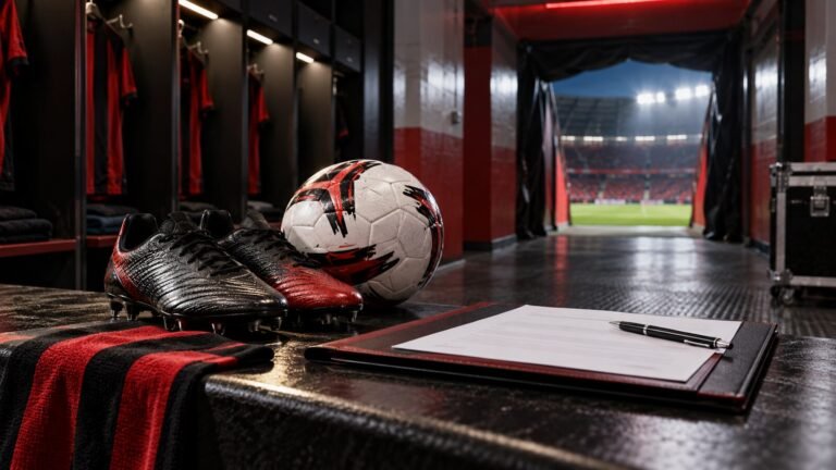 Bola, chuteiras e contrato em vestiário de futebol nas cores rubro-negras