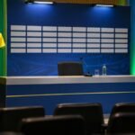 Palco preparado na sede da CBF para convocação da Seleção Brasileira