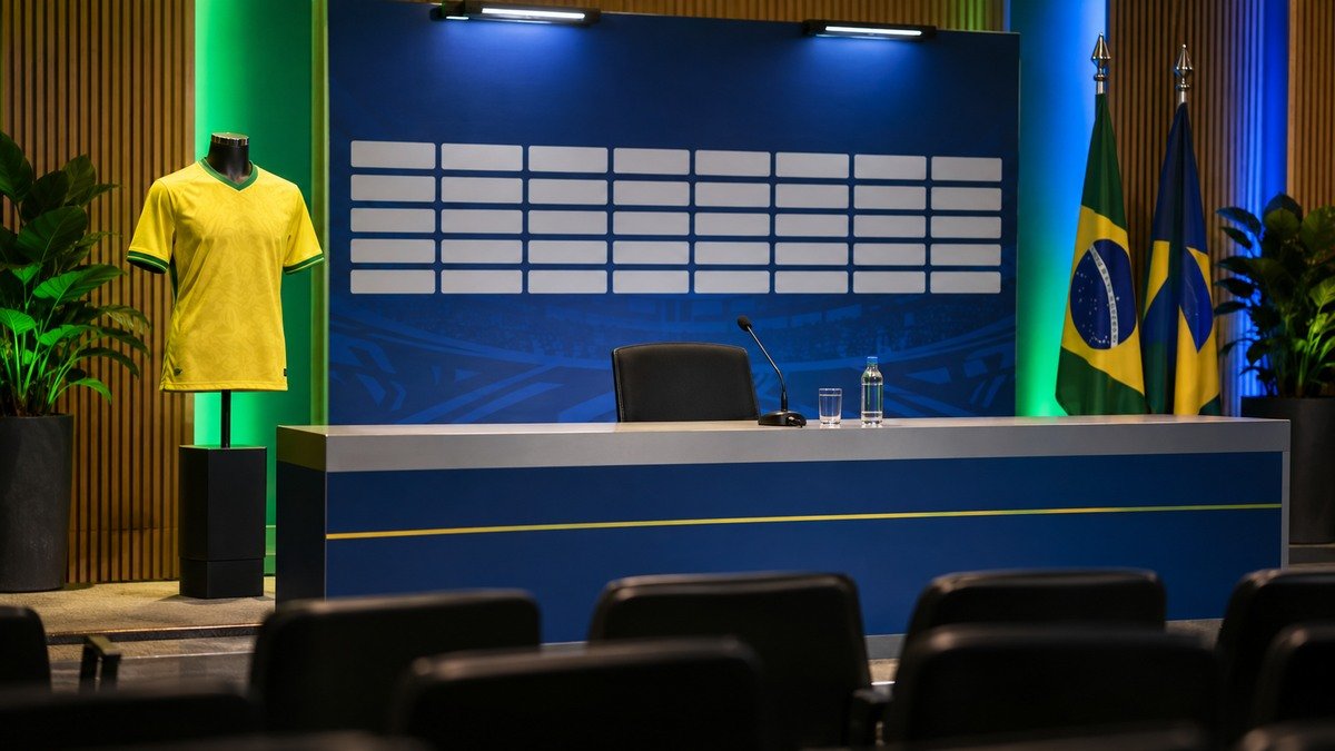 Palco preparado na sede da CBF para convocação da Seleção Brasileira
