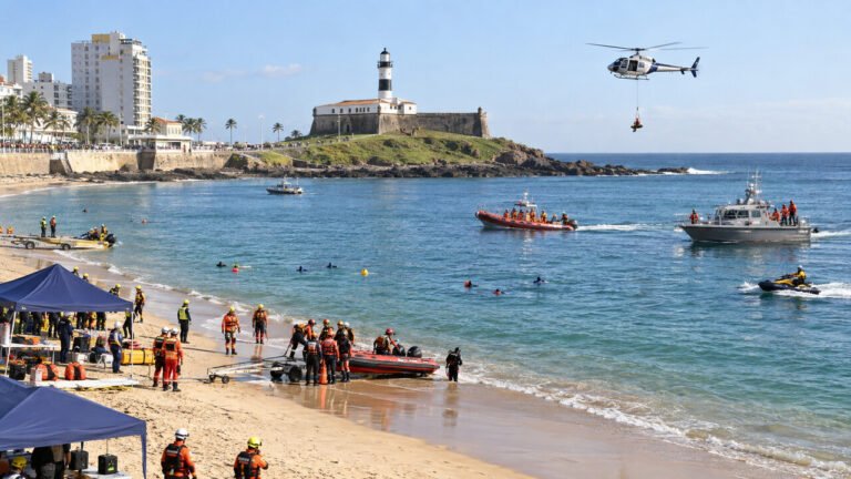 Simulado de emergência com barcos e helicóptero no Porto da Barra em Salvador