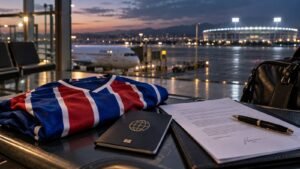 Documentos e uniforme em ambiente de transferência internacional de jogador
