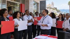 Bancários reunidos em mobilização sindical na Bahia