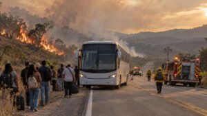 Ônibus parado em rodovia da Bahia durante incêndio na vegetação, com equipes de emergência