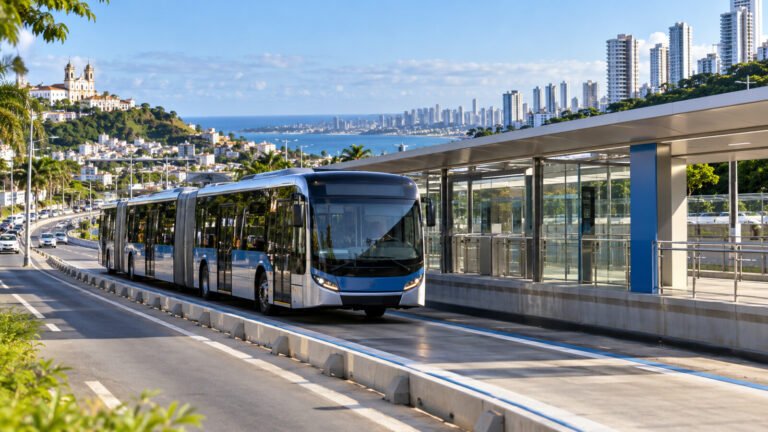 Ônibus articulado do BRT circula em corredor exclusivo de Salvador