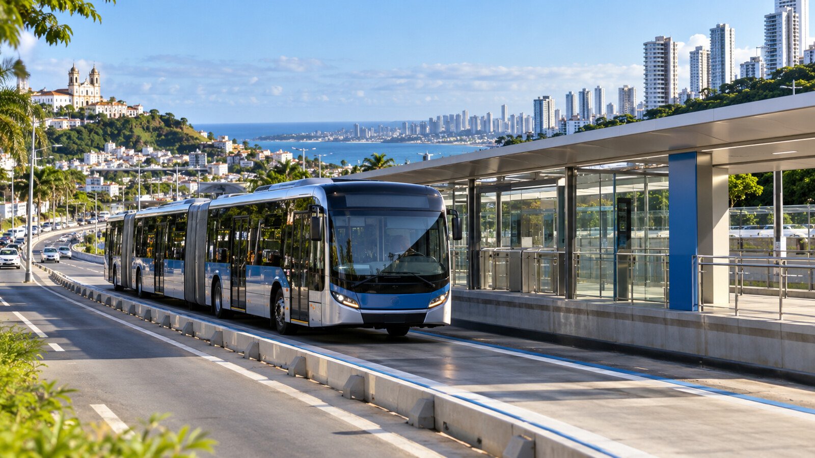 Ônibus articulado do BRT circula em corredor exclusivo de Salvador