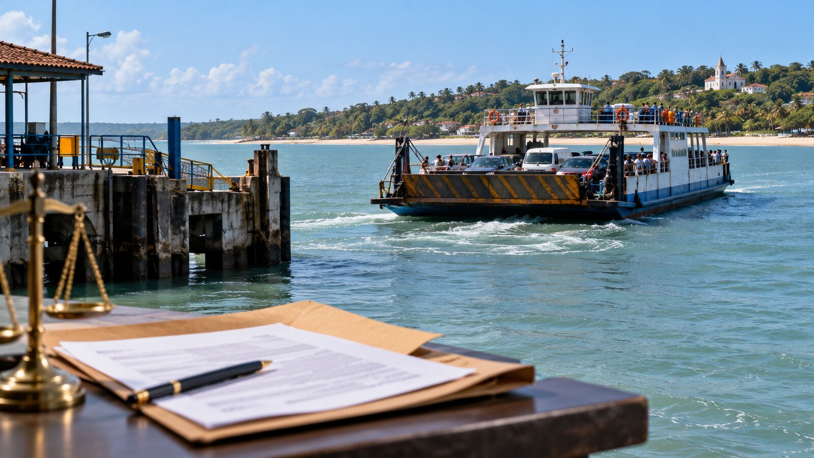 Balsa faz travessia entre Porto Seguro e Arraial d’Ajuda com documento em primeiro plano