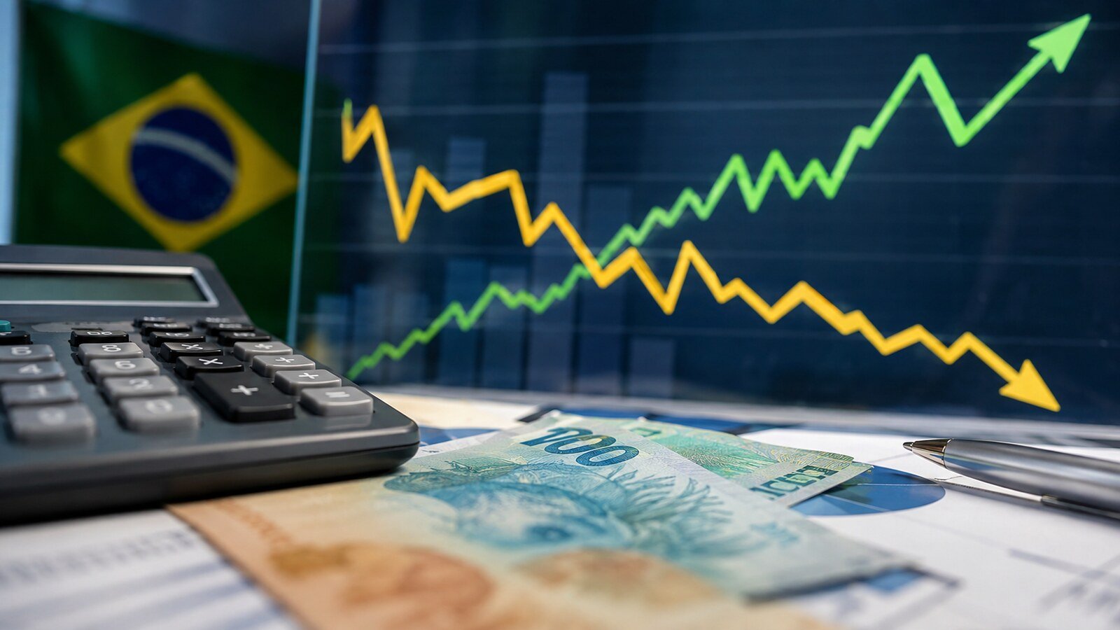 Gráfico econômico, calculadora e moeda ilustram o PIB do Brasil