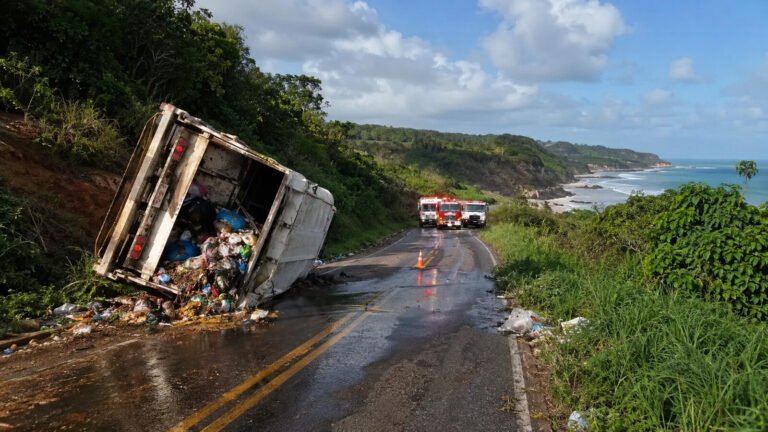 Caminhão de lixo tombado em estrada de Porto Seguro após acidente com dois mortos