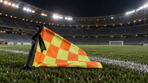 Bandeira de árbitro assistente com laço preto em homenagem póstuma
