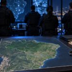 Equipe policial coordena operação interestadual diante de mapa do Brasil