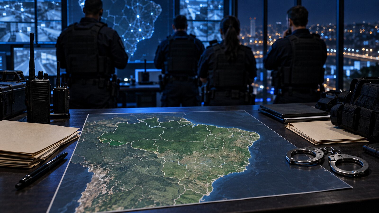 Equipe policial coordena operação interestadual diante de mapa do Brasil