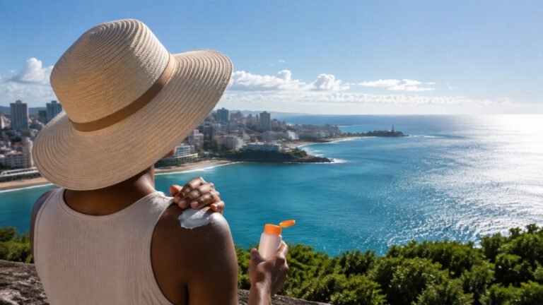 Pessoa usa chapéu e protetor solar durante período de radiação ultravioleta intensa na Bahia